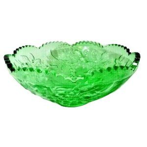Green Glass Round Fruit Bowl Large Sawtoogh Edge Embossed 12.5 Diameter